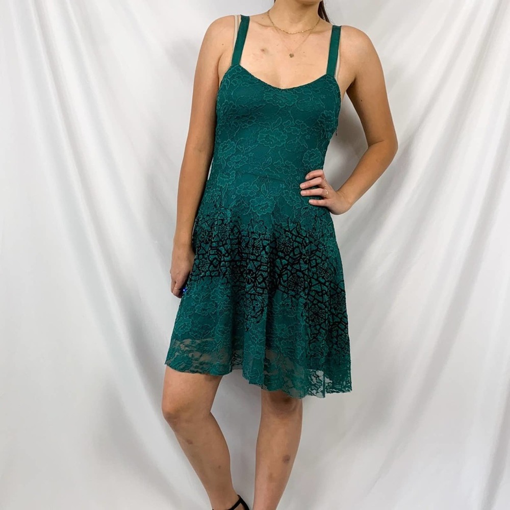 Free People Emerald Green Lace Black Details Tank Straps Mini Dress Size Small